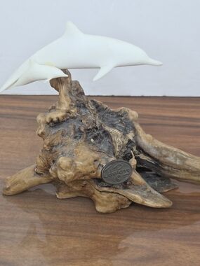 White Dolphin Duo Sculpture on Driftwood Base by John Perry